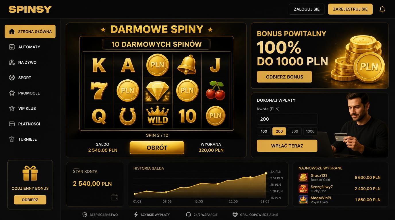grafika przedstawiająca bonus powitalny Spinsy Casino z darmowymi spinami i ofertą do 1000 PLN