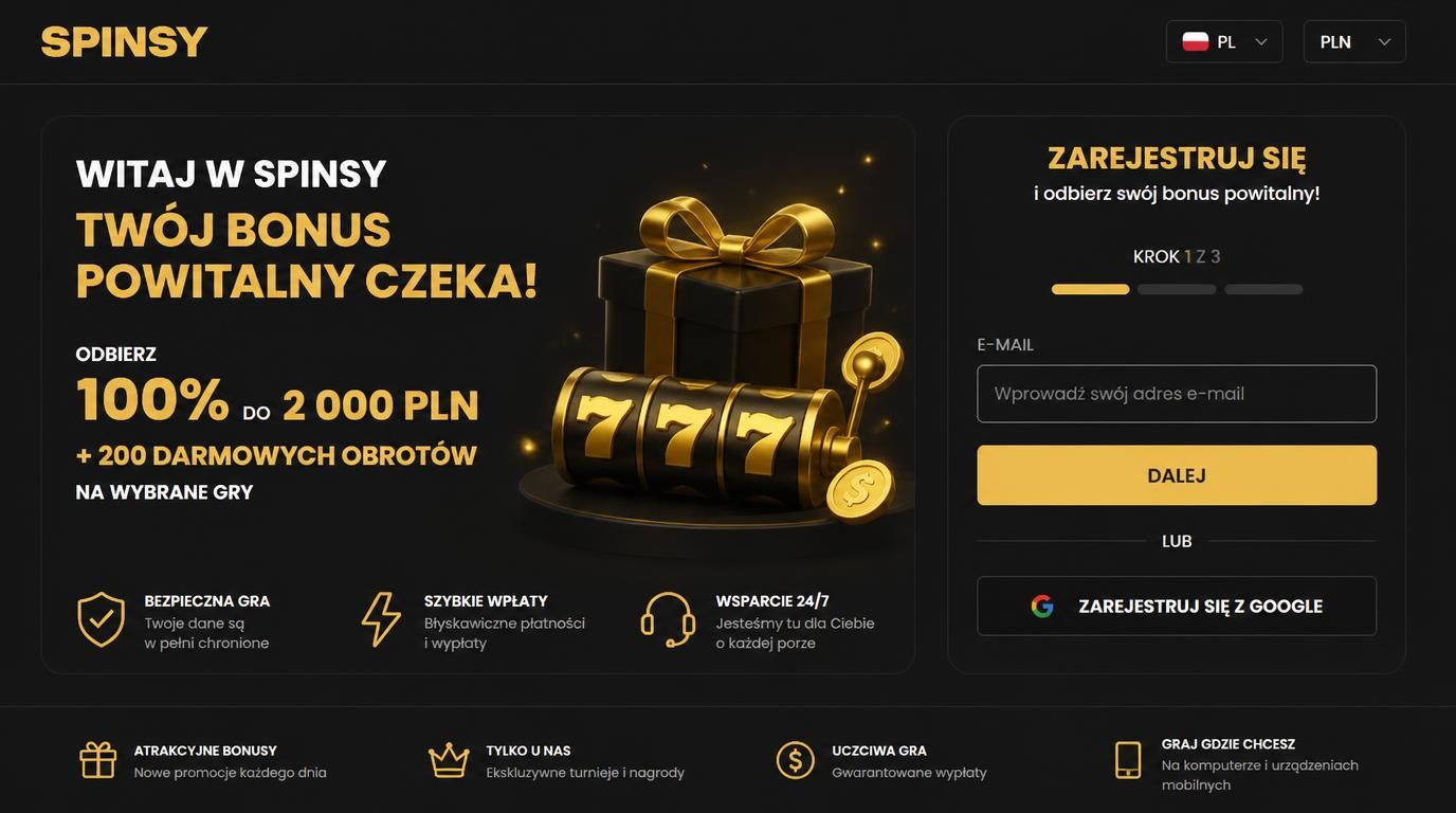 Widok formularza rejestracji z podkreśleniem PLN i powitania nowego gracza