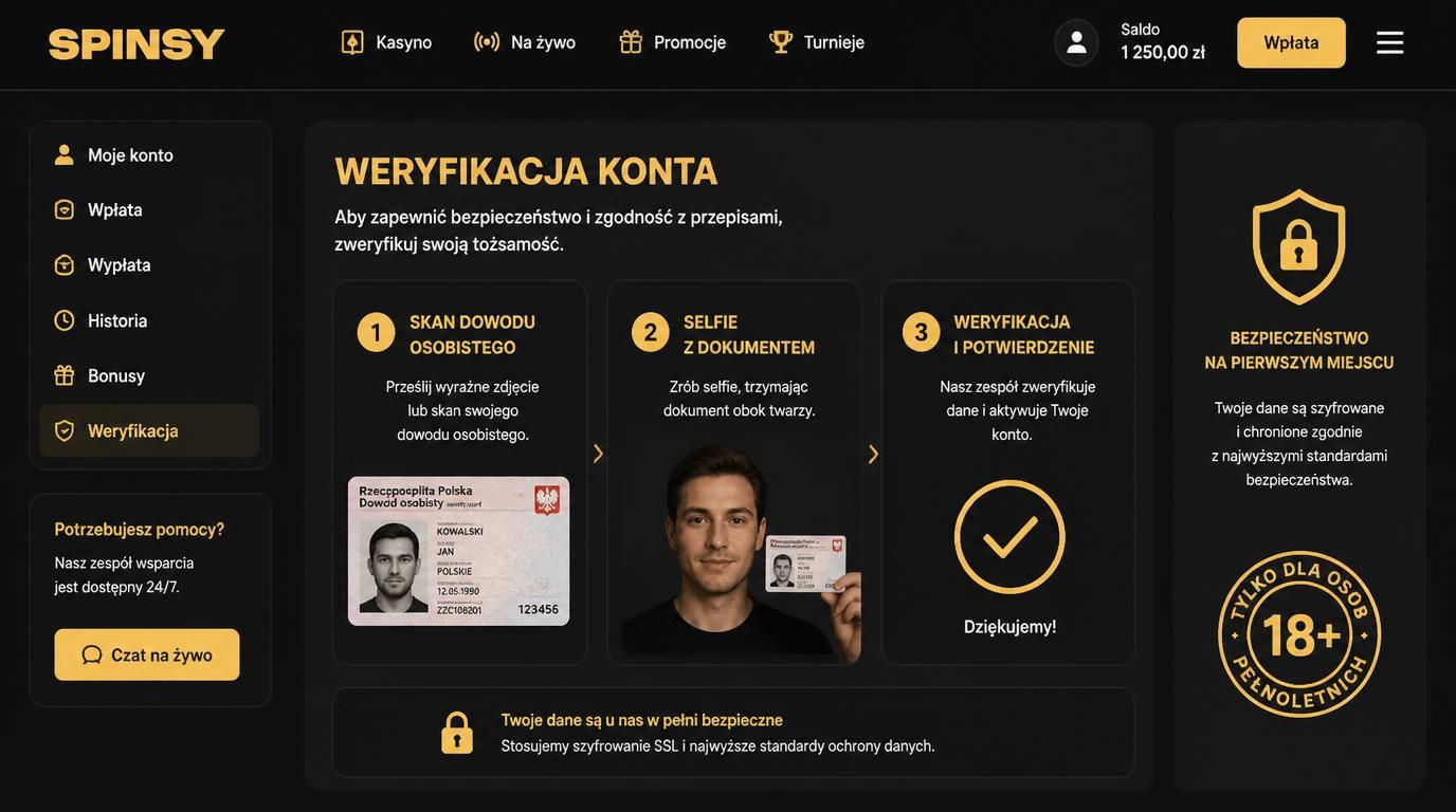 Ilustracja procesu weryfikacji: dokument tożsamości, wiek 18+, bezpieczeństwo