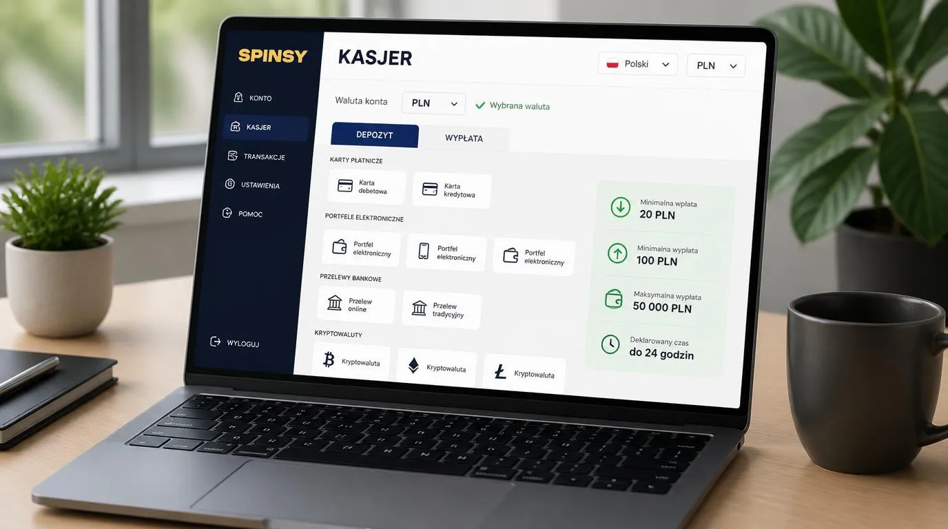 Panel kasy z kontem w PLN, wyborem metod płatności oraz limitami wpłat i wypłat