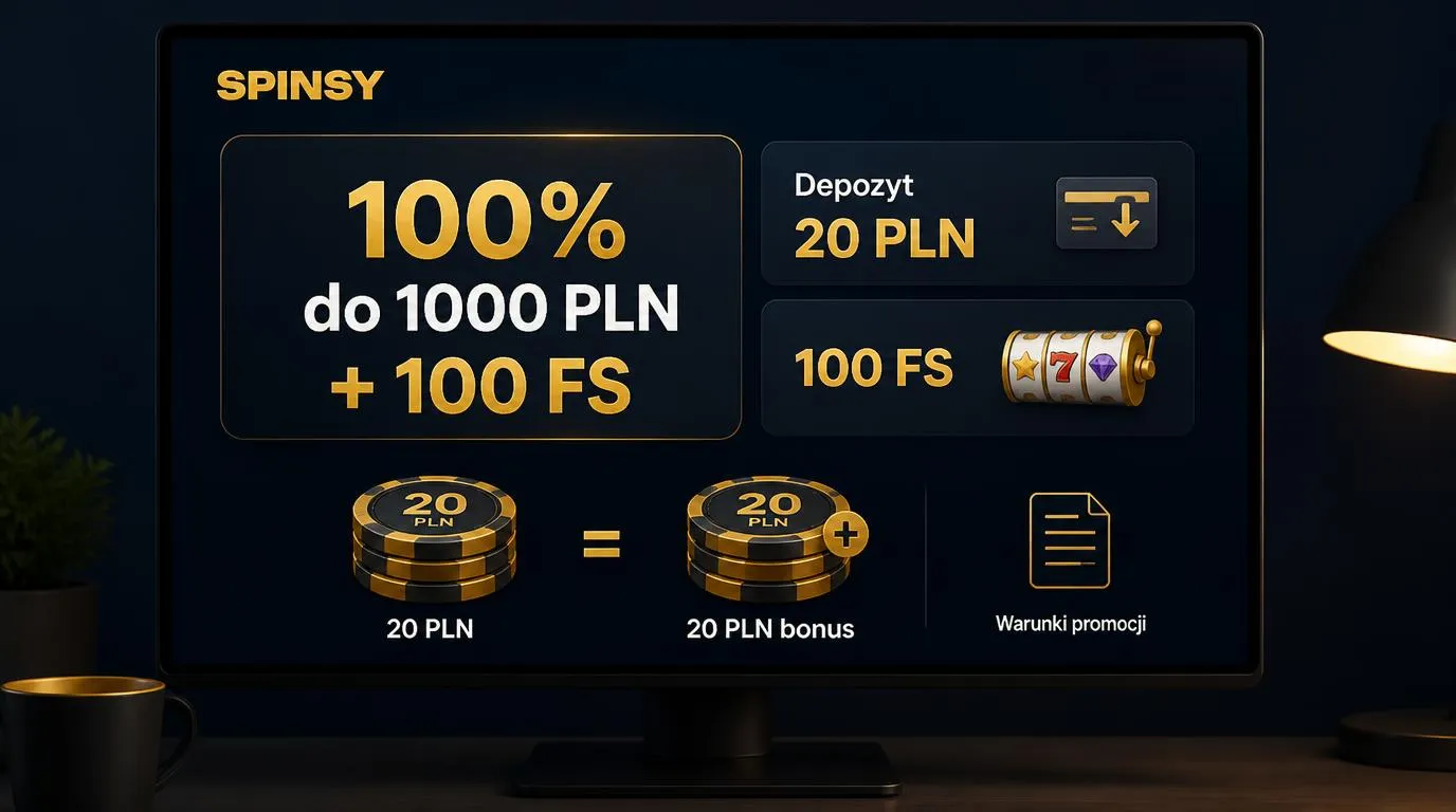 Panel bonusu powitalnego z ofertą 100% do 1000 PLN, 100 darmowymi spinami i depozytem 20 PLN