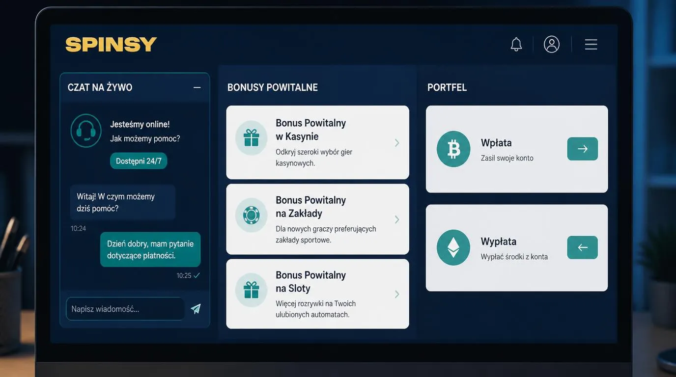 Panel kasyna z czatem dostępnym 24/7, kartami bonusów oraz opcjami wpłaty i wypłaty kryptowalut